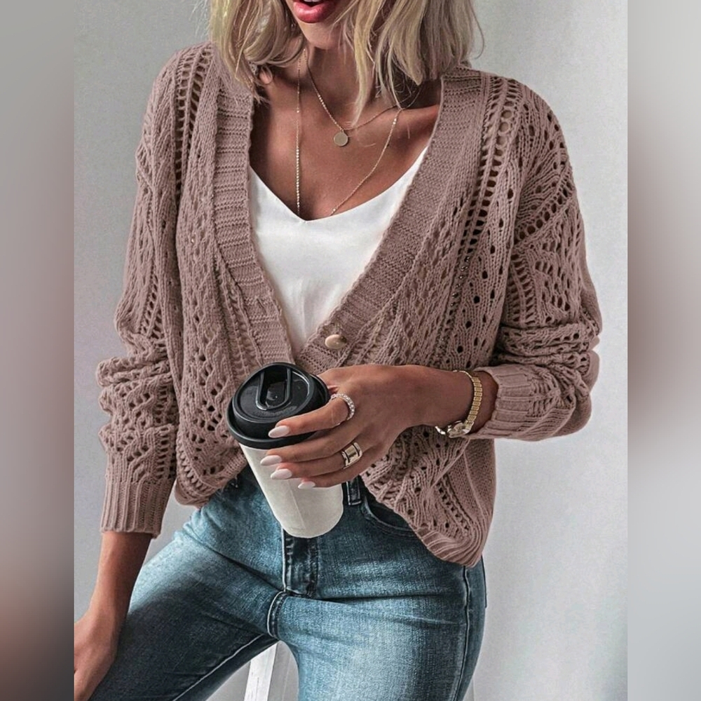 New Boho Open Knit Cardigan Sweater Tan Dusty Purple